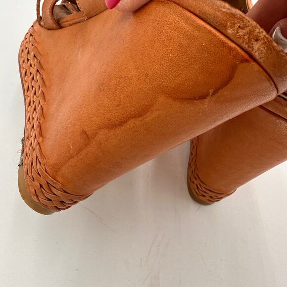 Frye Brown Leather Corrina Strappy Weave Wedge Platform Heels Size 8 - Picture 2 of 10